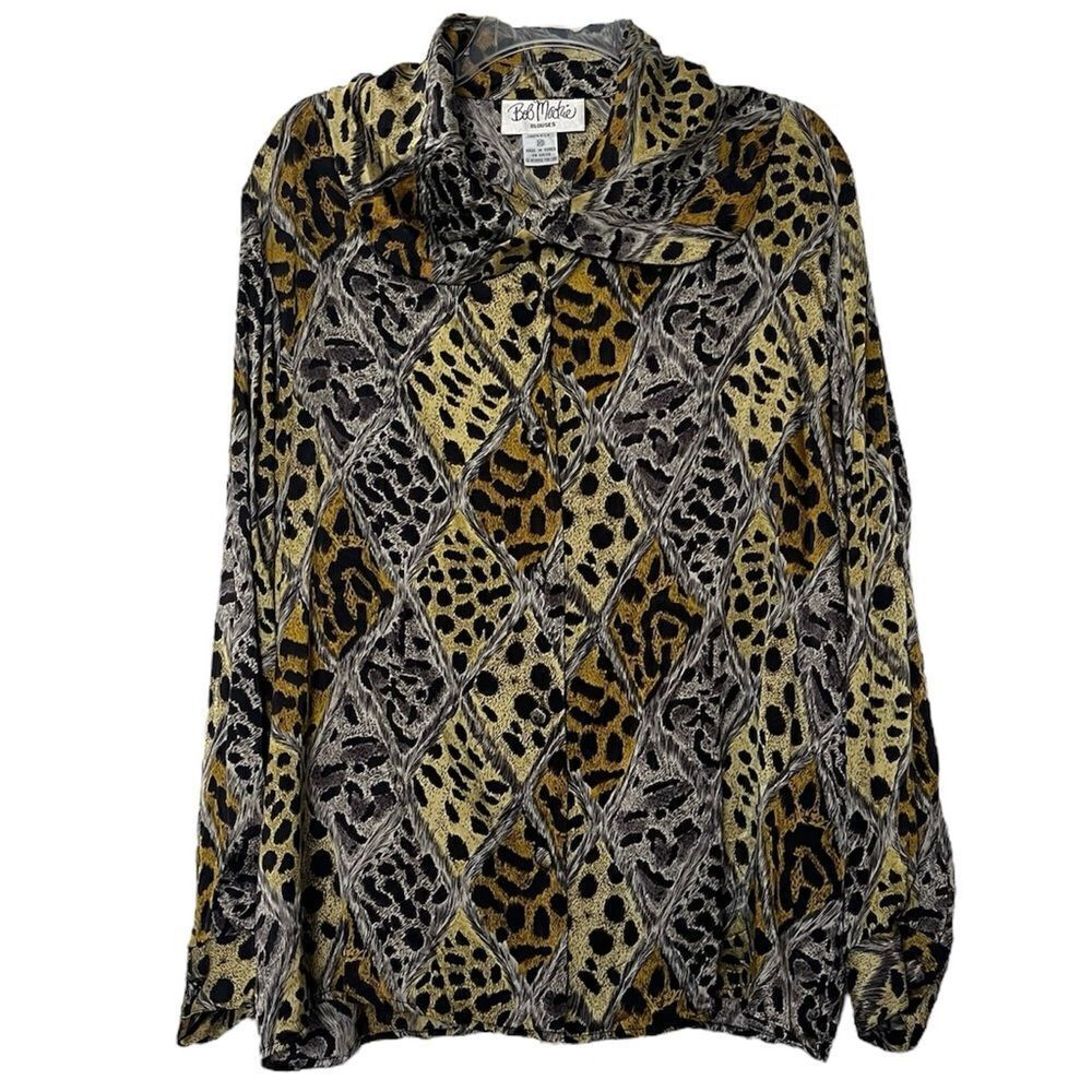 Bob Mackie Silk Shirt Lagenlook Animal Print Collared Art To Wear Blouse 16 XL